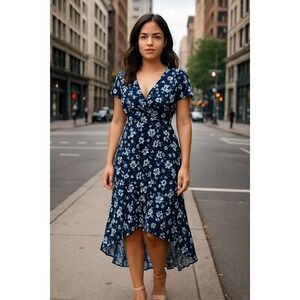 Juicy Couture Faux Wrap Midi Dress Navy Floral Size Large NWT $58 Garden Party